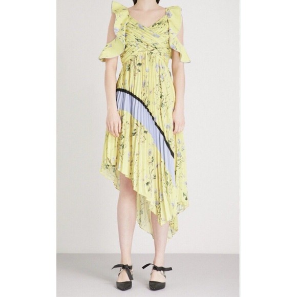 Self Portrait Dresses & Skirts - Self Portrait Womens Sleeveless Floral Pleated Asymmetrical Dress Yellow Size 10
